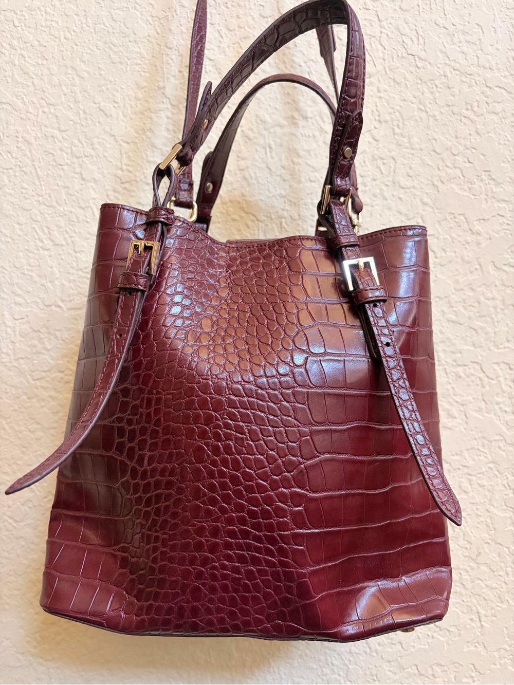 Zara Burgundy Croc-Embossed Shoulder Tote RARE - Picture 5 of 9